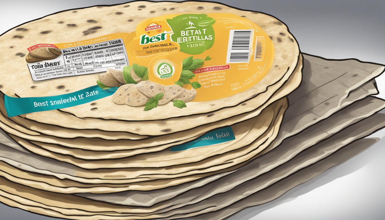 A stack of moldy tortillas next to a "best by" date label