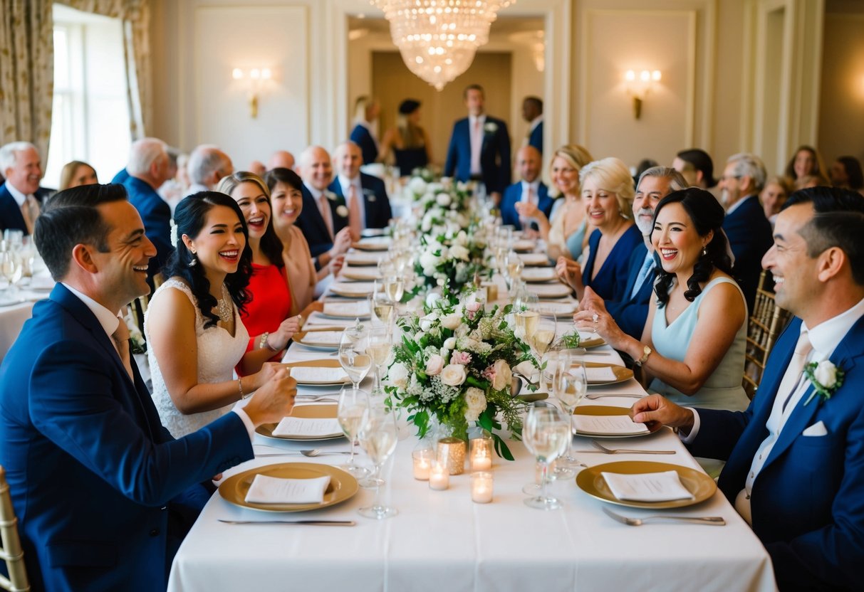 A table set with elegant place settings, surrounded by family and friends. The room is filled with laughter and conversation as everyone enjoys a pre-wedding meal