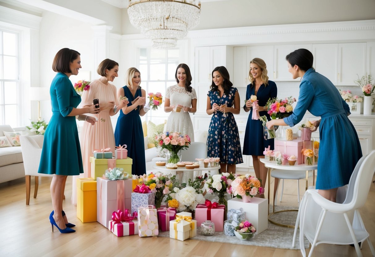 A group of friends gather in a bright, elegant space, decorating and preparing for a bridal shower. Gifts, flowers, and refreshments are arranged with care