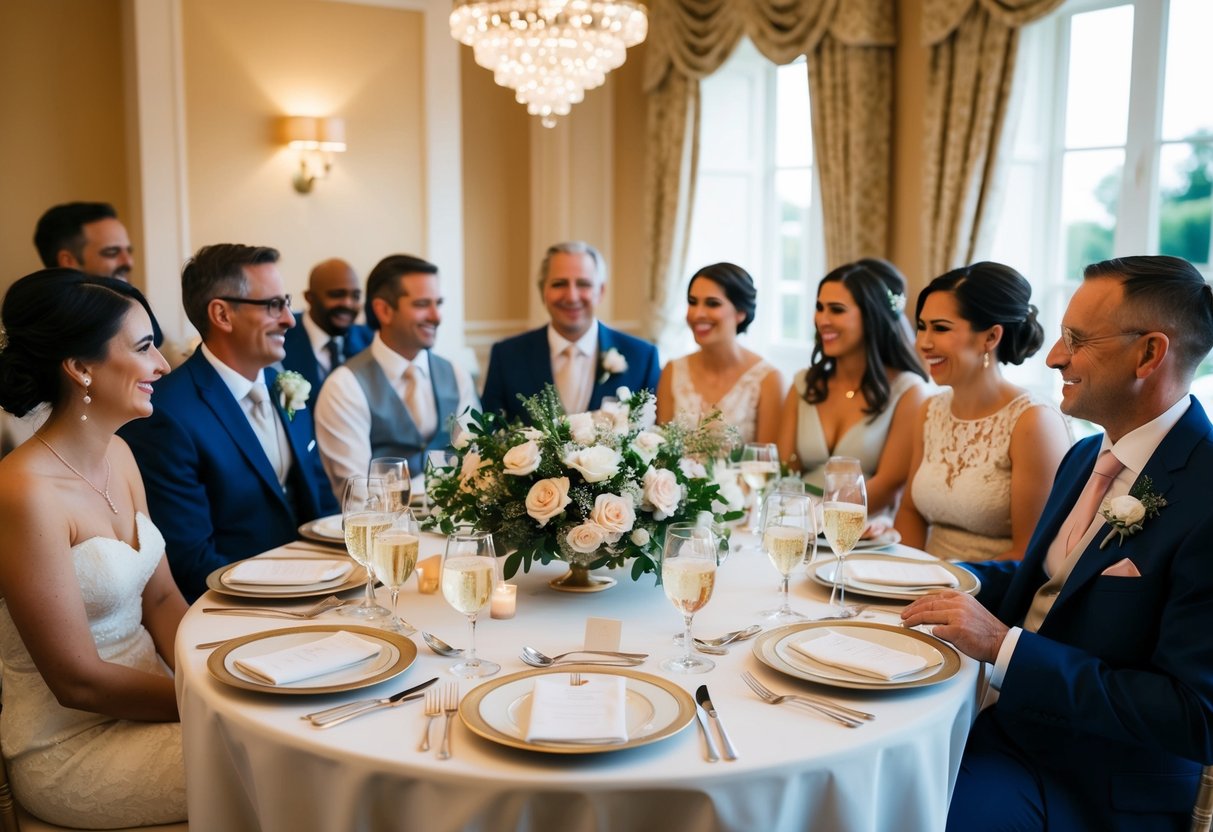 A table set with elegant place settings, surrounded by close family and wedding party members enjoying a meal together in a warm, intimate setting