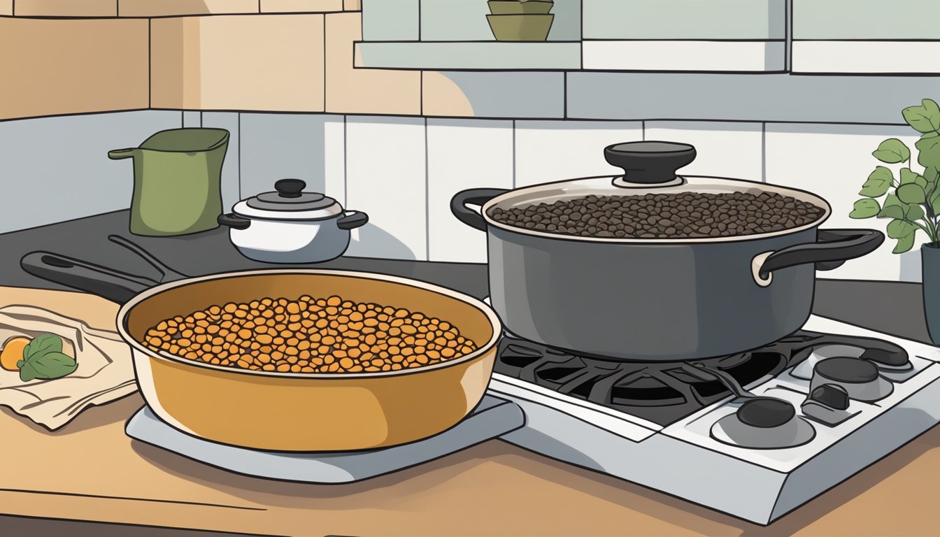 A pot of lentils simmers on a stovetop. An open bag of expired lentils sits nearby