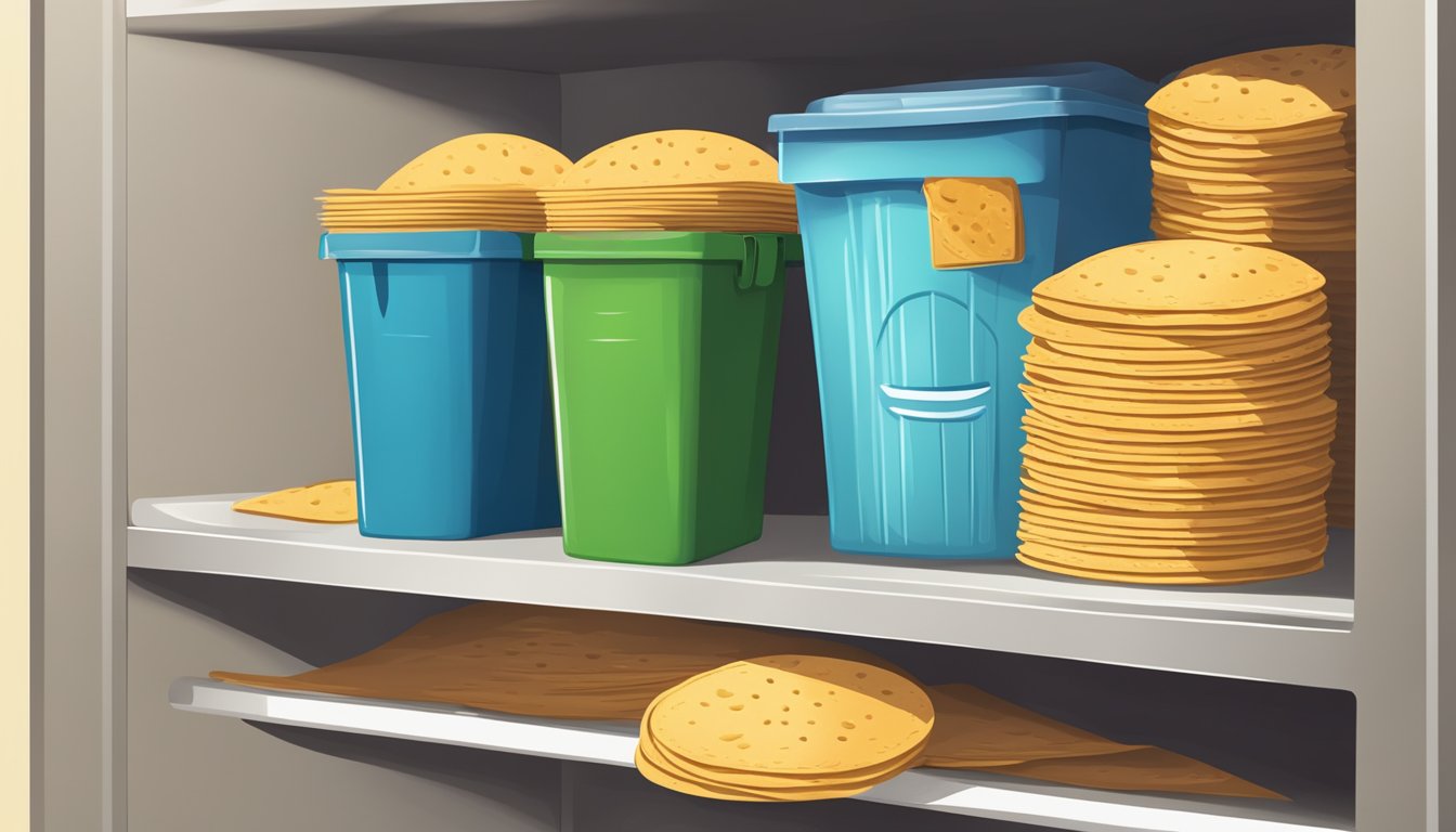 A pantry shelf with a stack of expired tortillas next to a trash can