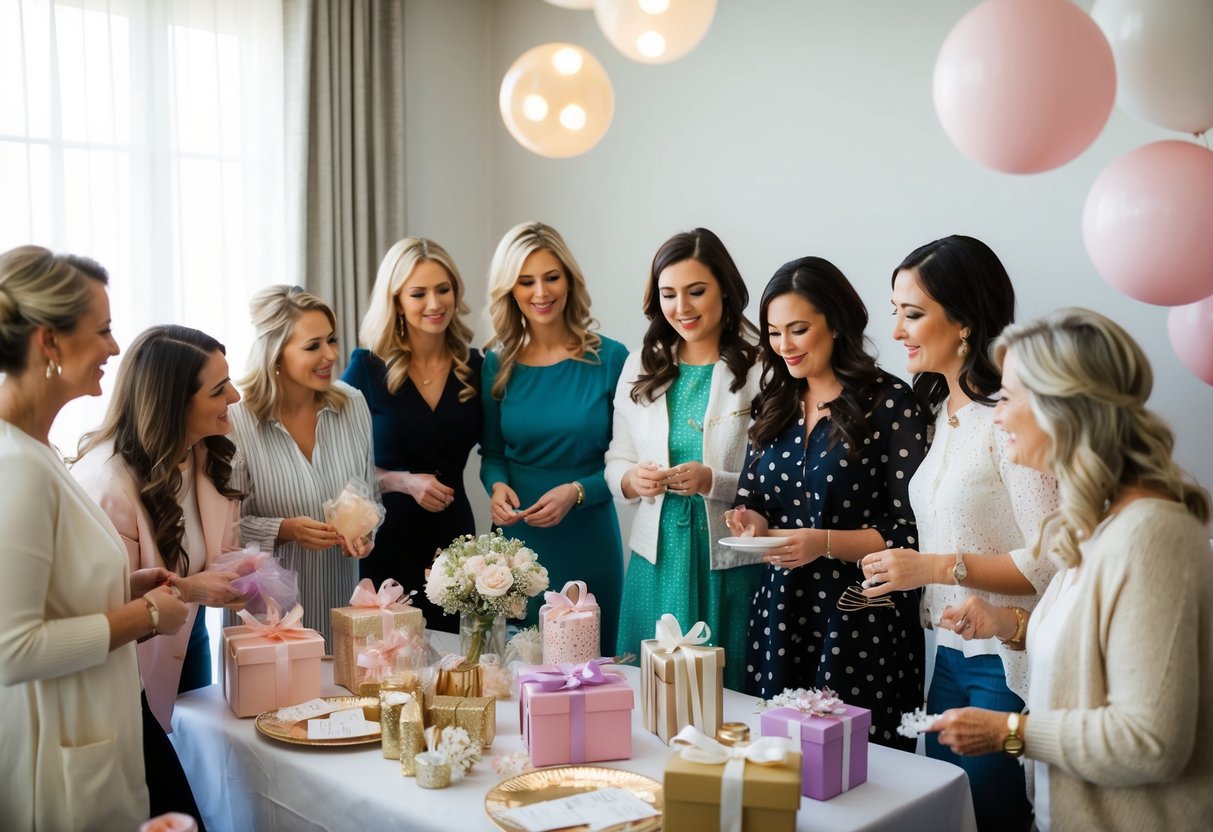 A group of women gather around a table filled with decorations and gifts, discussing plans for the bridal shower