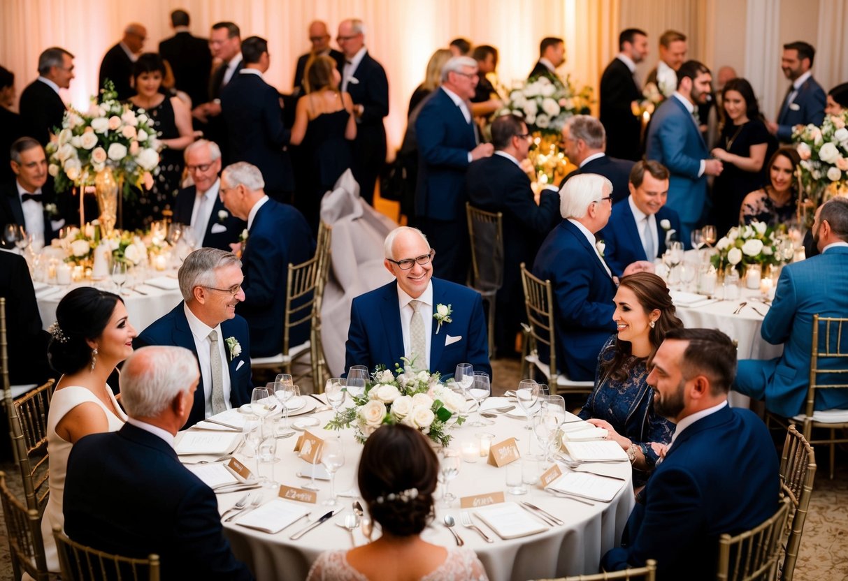 A group of elegantly set tables with place cards, surrounded by soft lighting and floral centerpieces. A mix of close family, bridal party, and out-of-town guests mingling and chatting