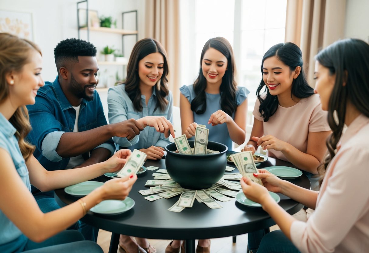 A group of friends gather around a table, each contributing to a pot of money while discussing plans for the upcoming bridal shower