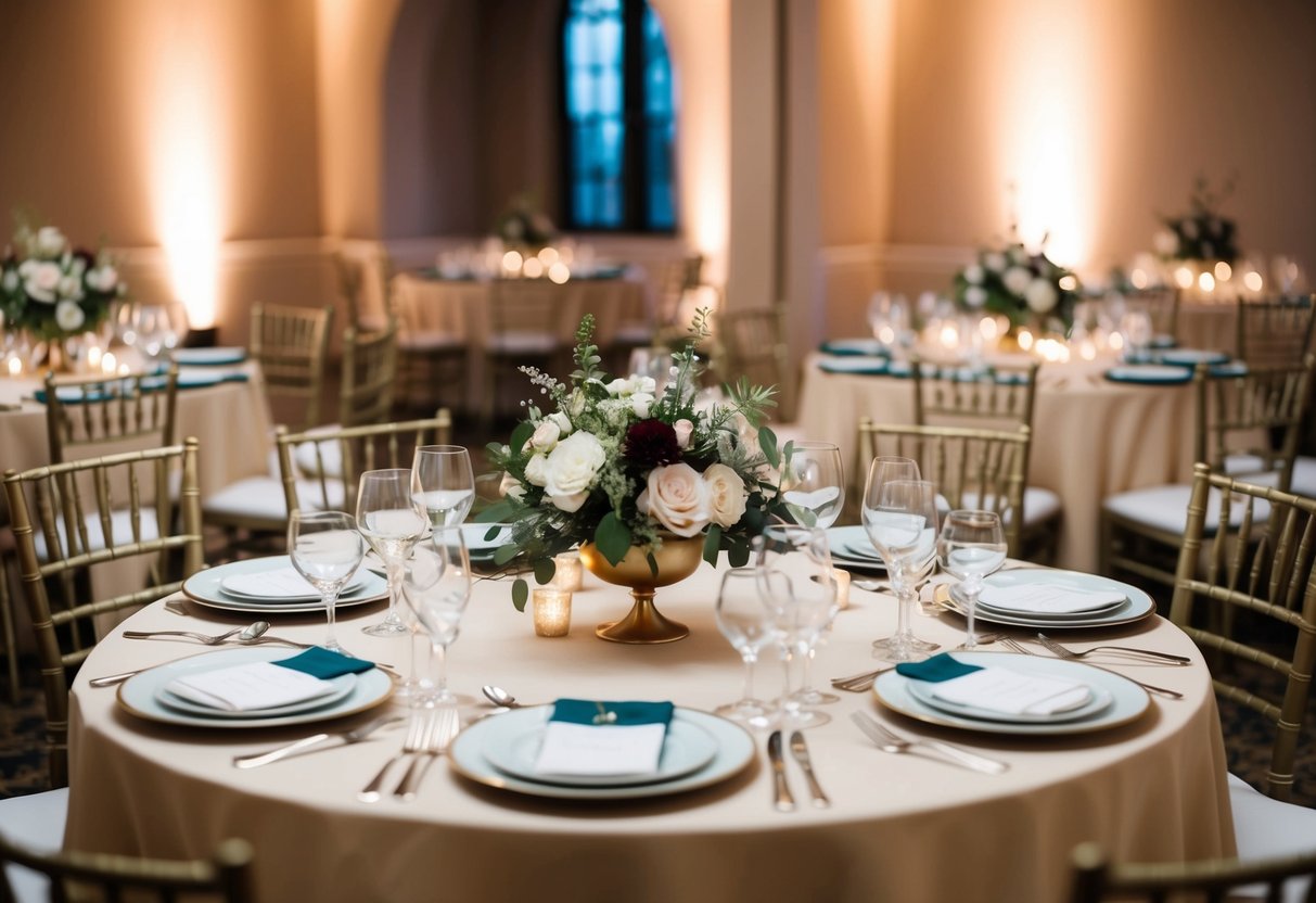 A table set with elegant dinnerware and floral centerpieces, surrounded by chairs, with soft lighting creating a warm and inviting atmosphere