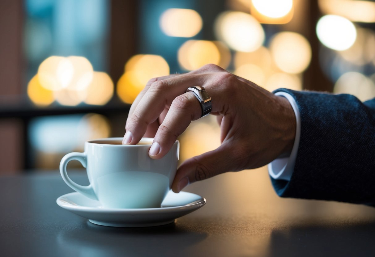 A man's hand reaching for a coffee cup, wedding ring conspicuously absent from his finger
