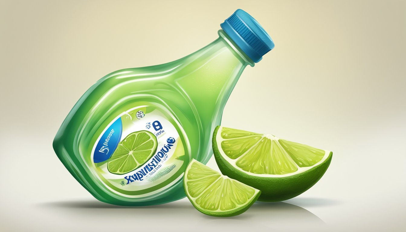 A bottle of lime juice with a cloudy, discolored liquid and a foul odor, next to a label showing an expiration date