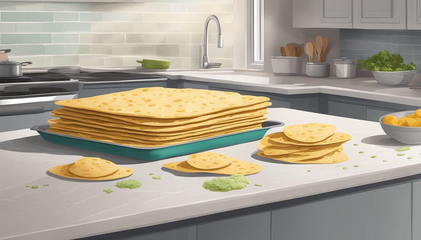 A stack of expired tortillas with mold growing on them, sitting on a kitchen counter