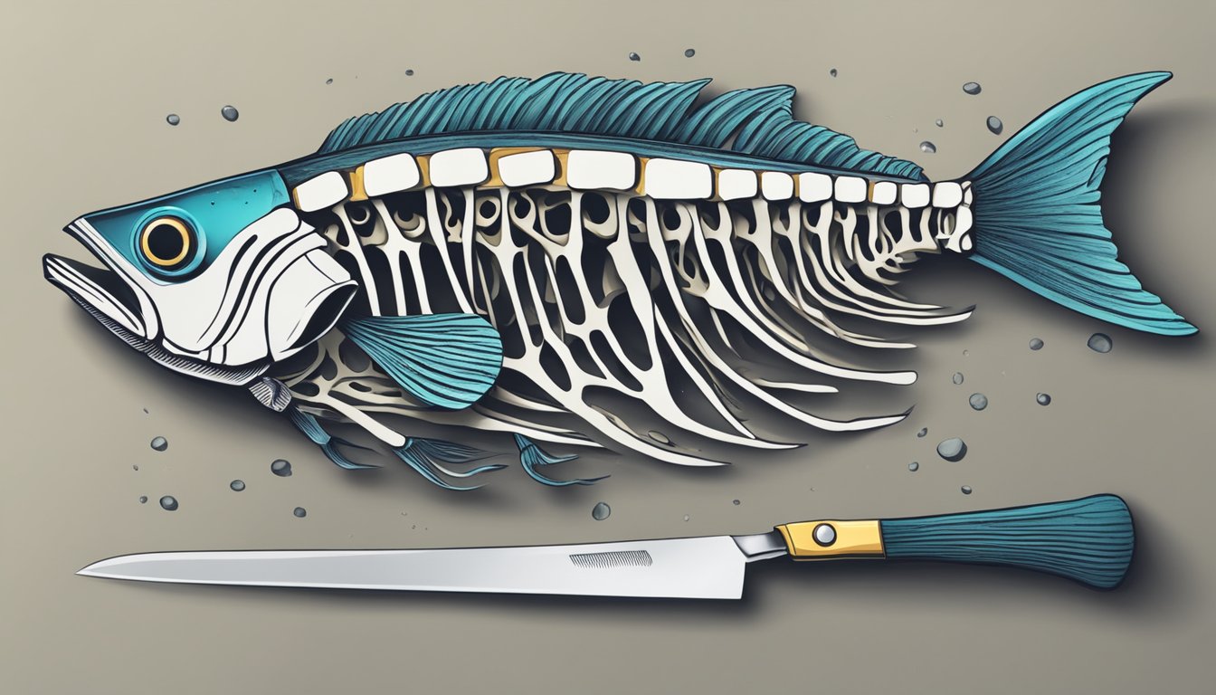 A fish skeleton surrounded by question marks, with a chef's knife nearby