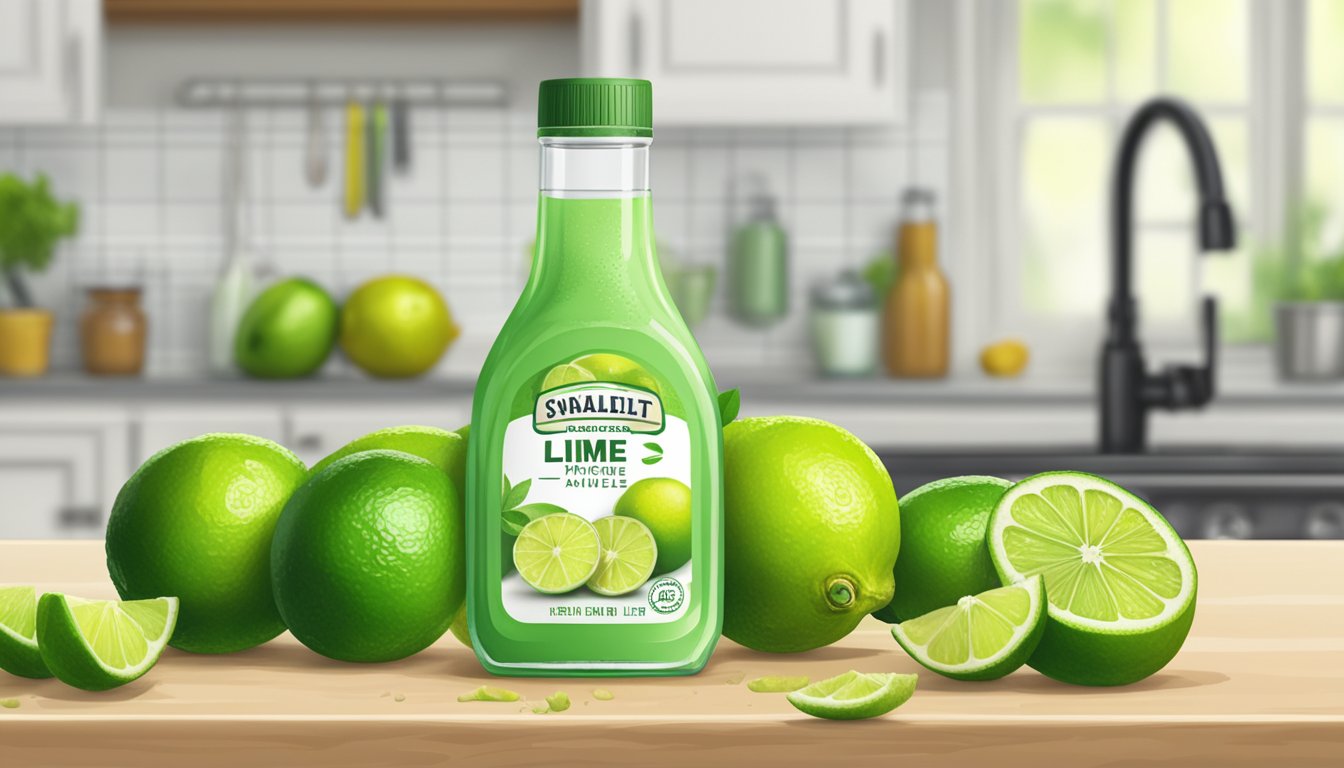 A bottle of expired lime juice sits on a kitchen counter, surrounded by fresh limes and a measuring cup. The label on the bottle is faded and peeling