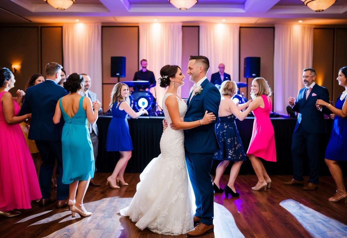 A couple stands at the wedding reception, surrounded by dancing guests. A DJ or band performs on a stage, creating a lively atmosphere