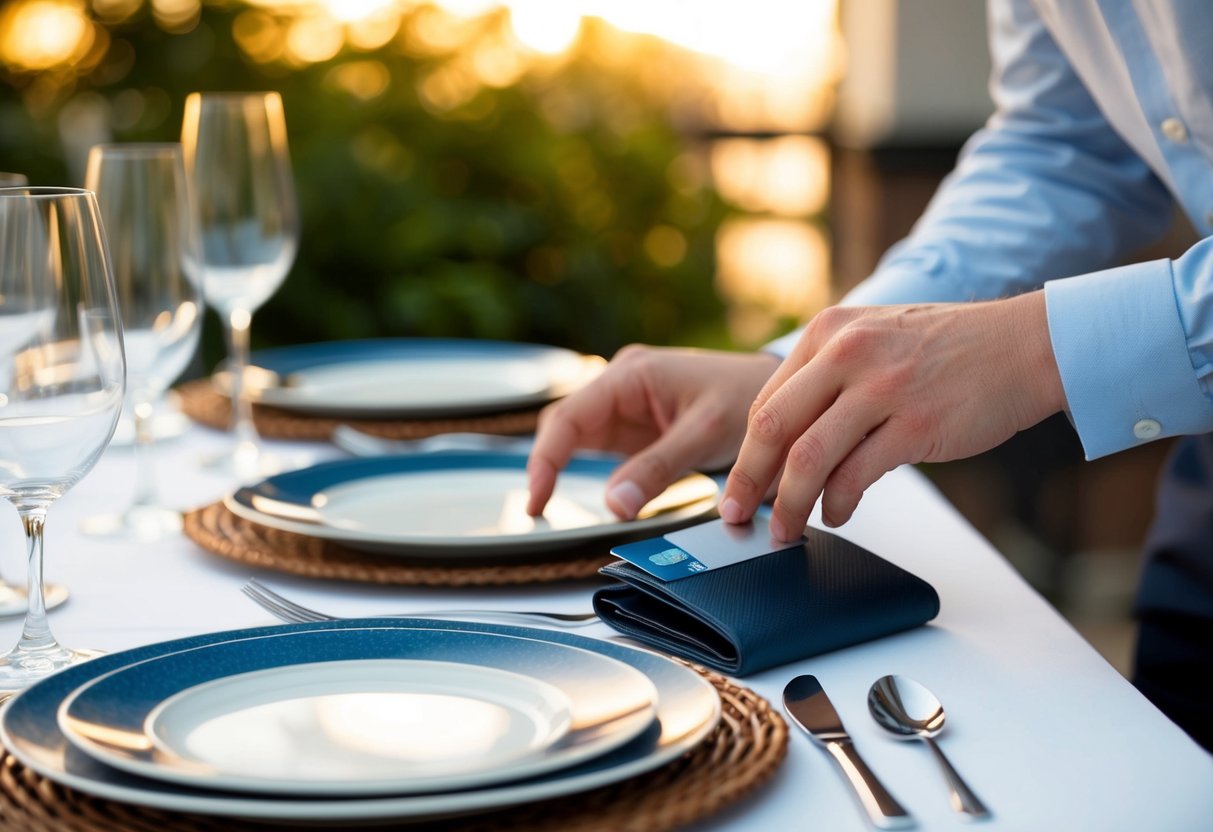 A table set with elegant dinnerware and a billfold on the side. A man's hand placing a credit card on the billfold