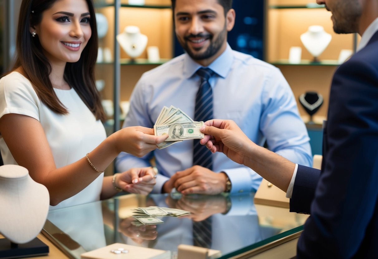 A woman hands over money to a man behind a jewelry store counter