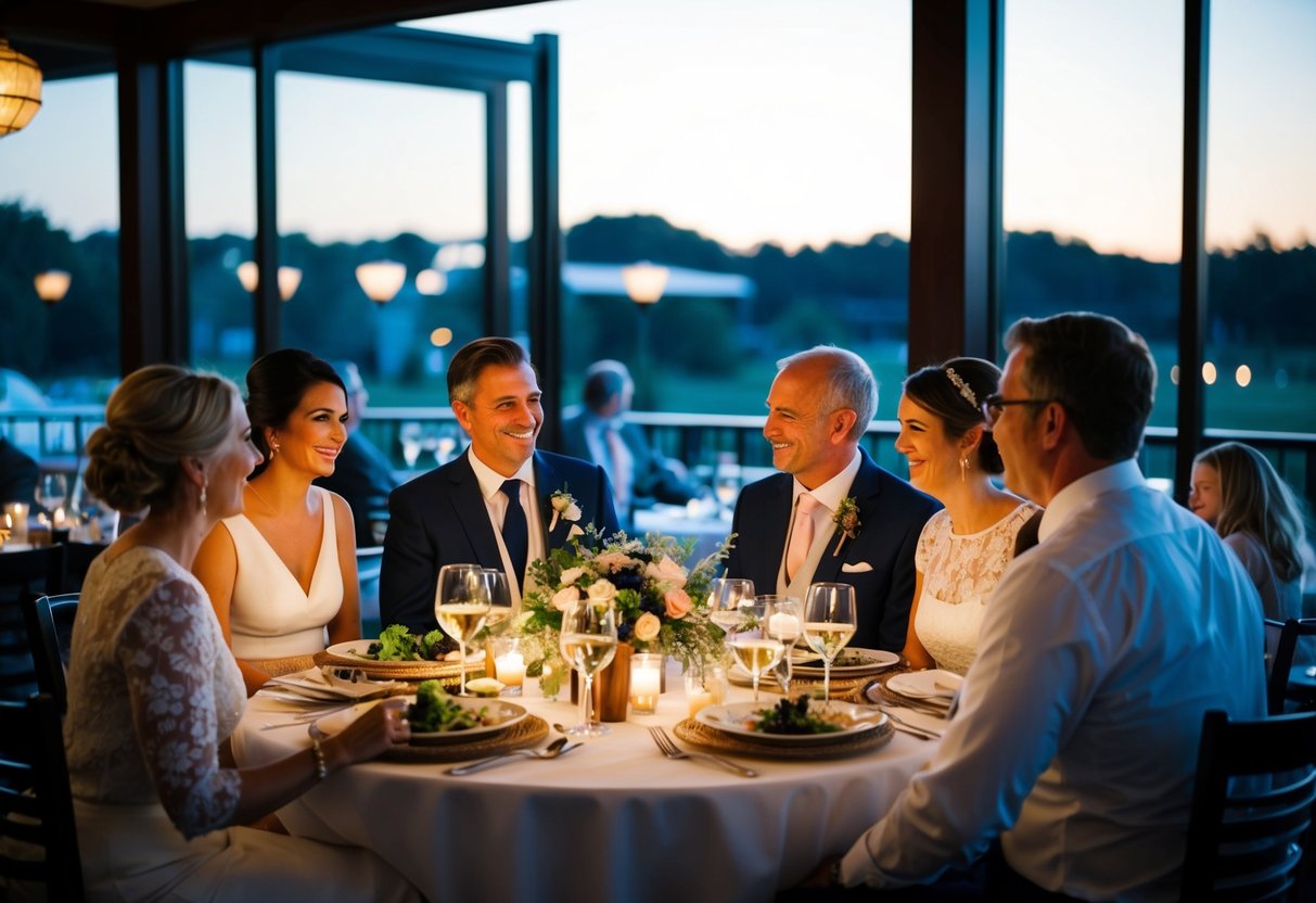 A couple and their families gather around a table at a restaurant, enjoying a relaxed and intimate dinner the night before the wedding