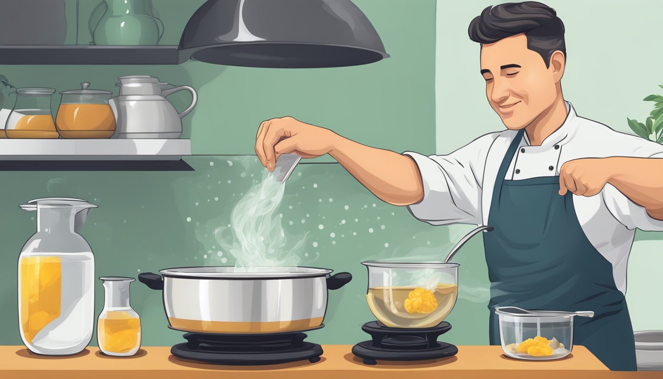 A chef adding pine resin to a pot of boiling water to infuse flavor