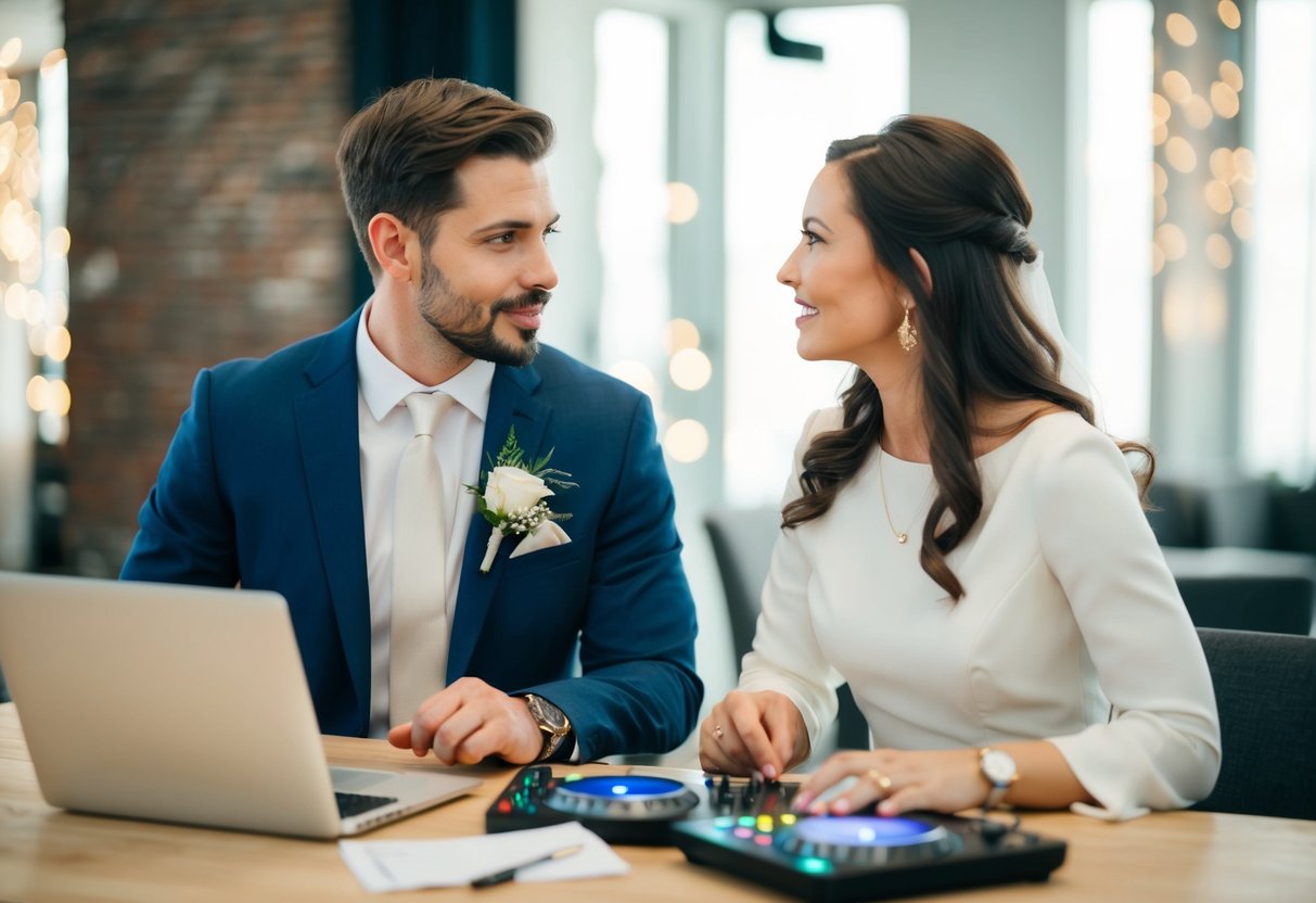 A couple discussing wedding budget items, including the cost of hiring a DJ or band for the reception