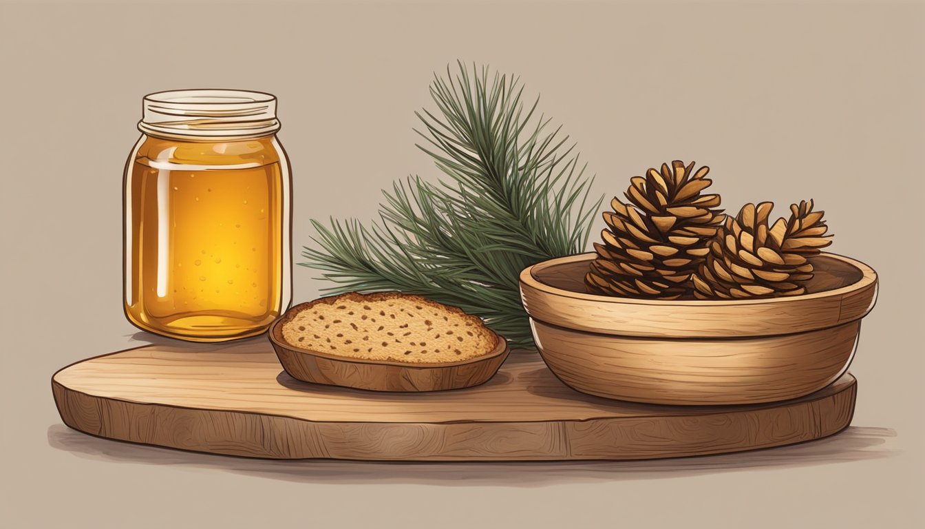 A wooden bowl filled with pinecones, pine needles, and resin sits on a table next to a jar of honey and a loaf of bread