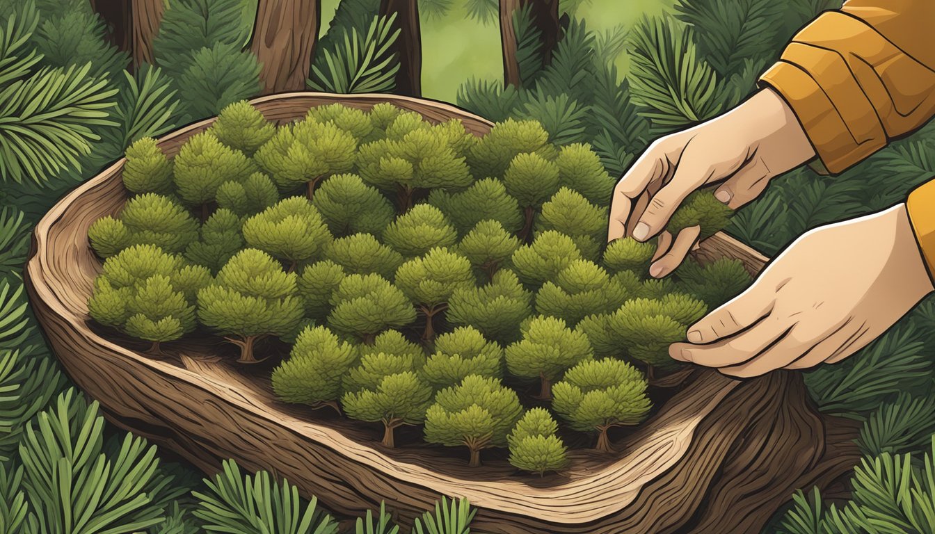 A person collecting pine resin from a healthy tree in a natural forest setting, with a focus on sustainability and ethical harvesting practices