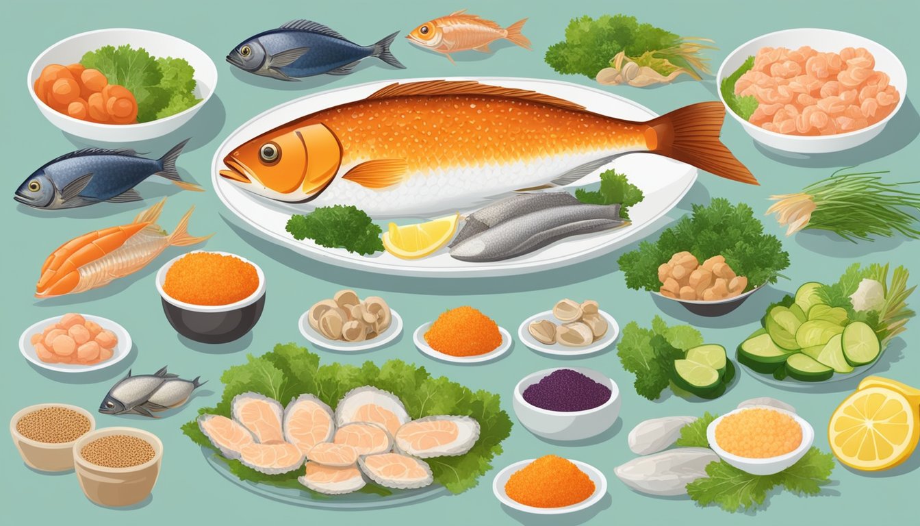 A plate of fish roe surrounded by various types of seafood and vegetables, with a nutritional composition chart displayed next to it