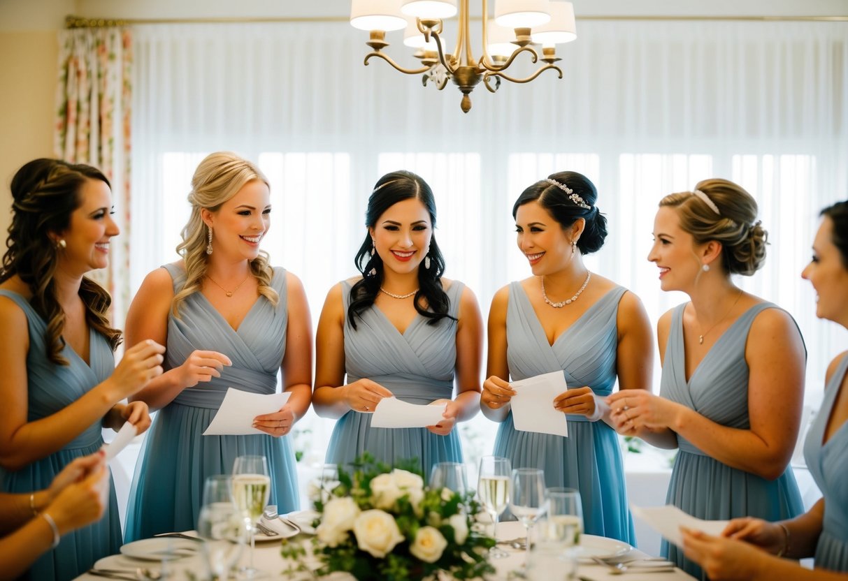 Bridesmaids happily contribute to the rehearsal dinner cost, discussing details and making arrangements with the bride and groom