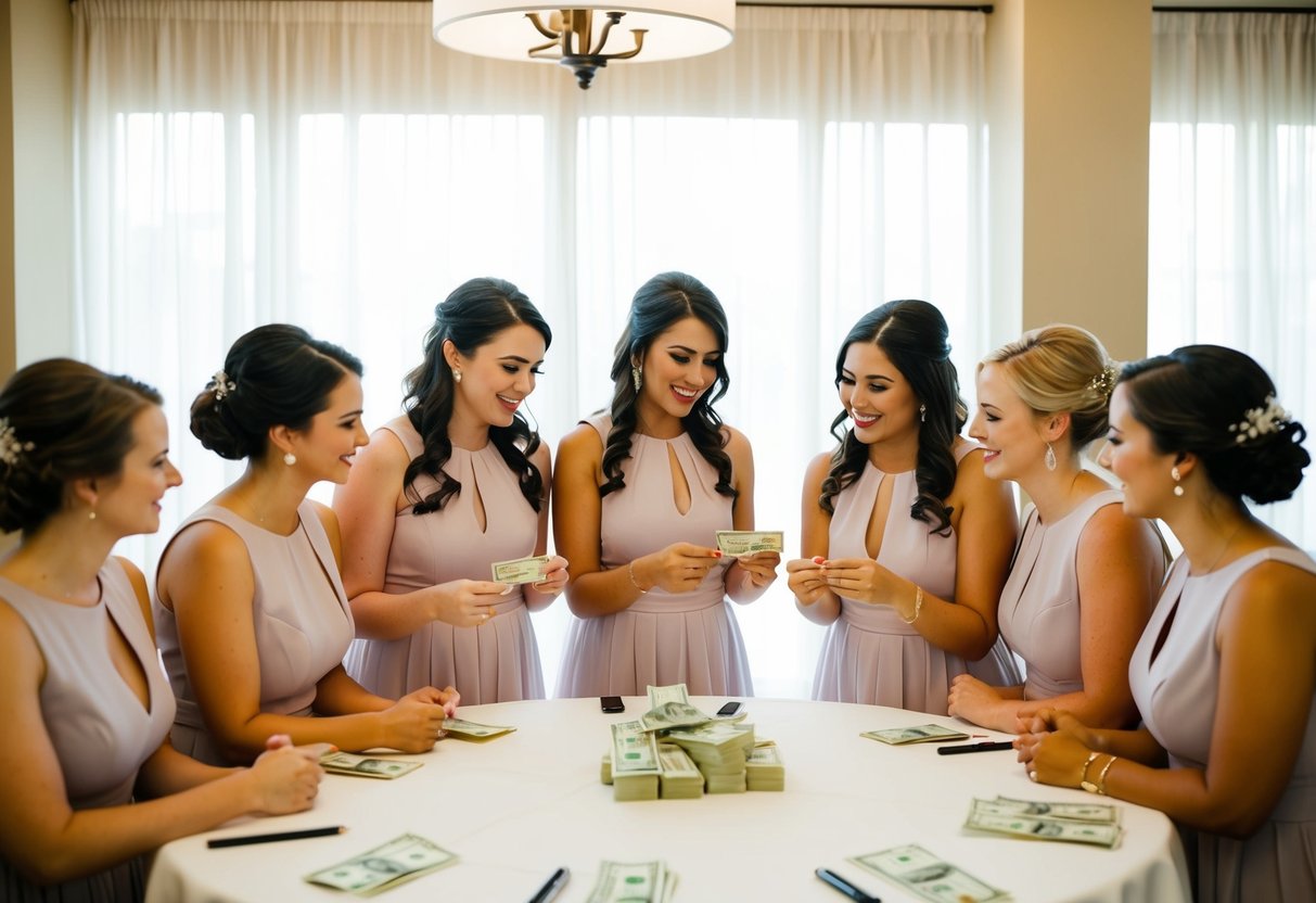 A group of bridesmaids discussing and exchanging money for the rehearsal dinner