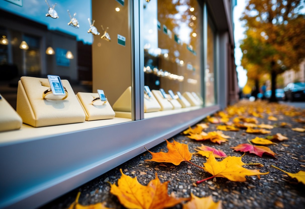A jewelry store display featuring engagement rings with price tags. Outside, colorful autumn leaves are scattered on the ground
