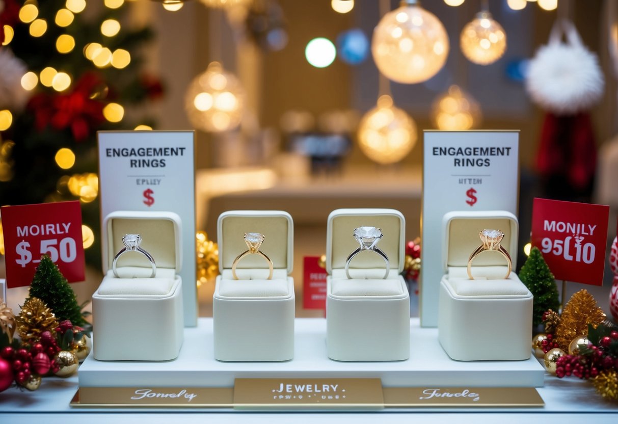 A jewelry store display with engagement rings on sale, surrounded by seasonal decorations and promotional signs