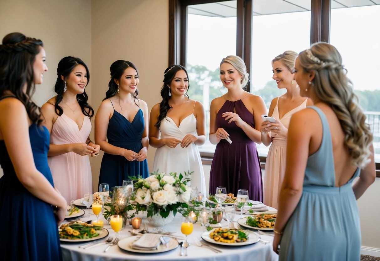 A group of bridesmaids discussing and planning the details of a rehearsal dinner, with a table filled with various decorations and food options