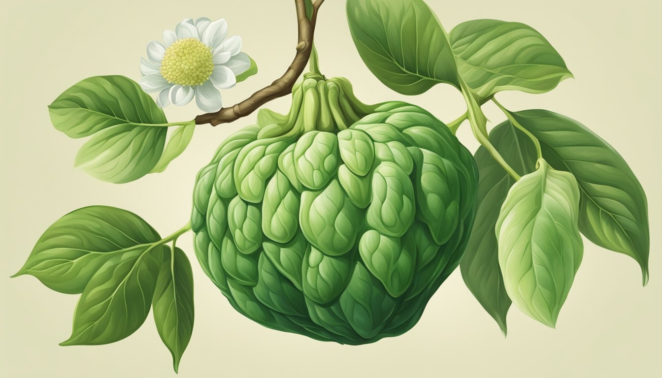 A green cherimoya hanging from a tree, surrounded by leaves and flowers