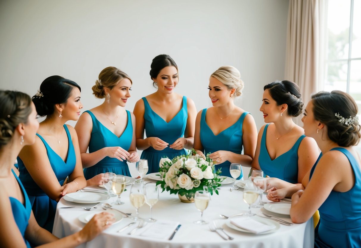 A group of bridesmaids discussing and planning the details of the rehearsal dinner, including who will cover the costs