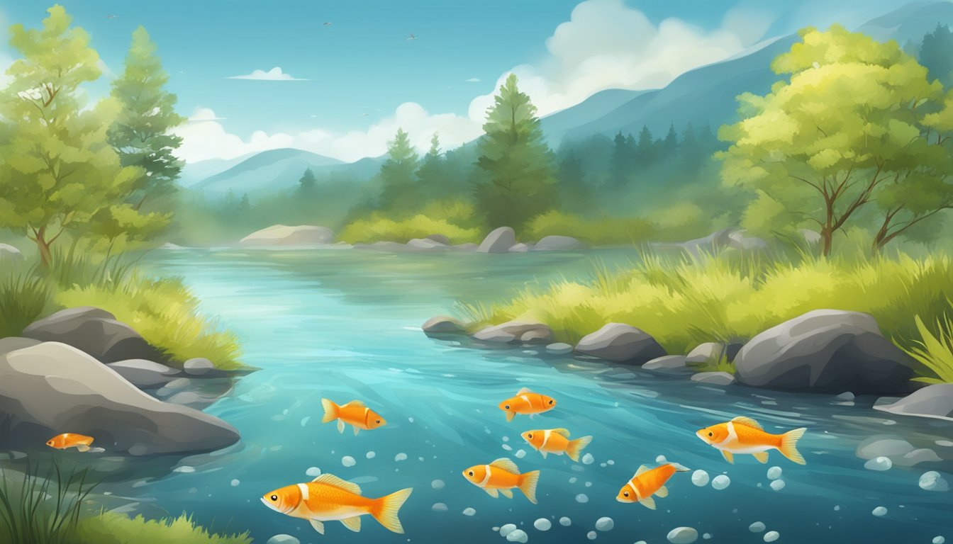 A clear stream with fish swimming and roe floating in the water