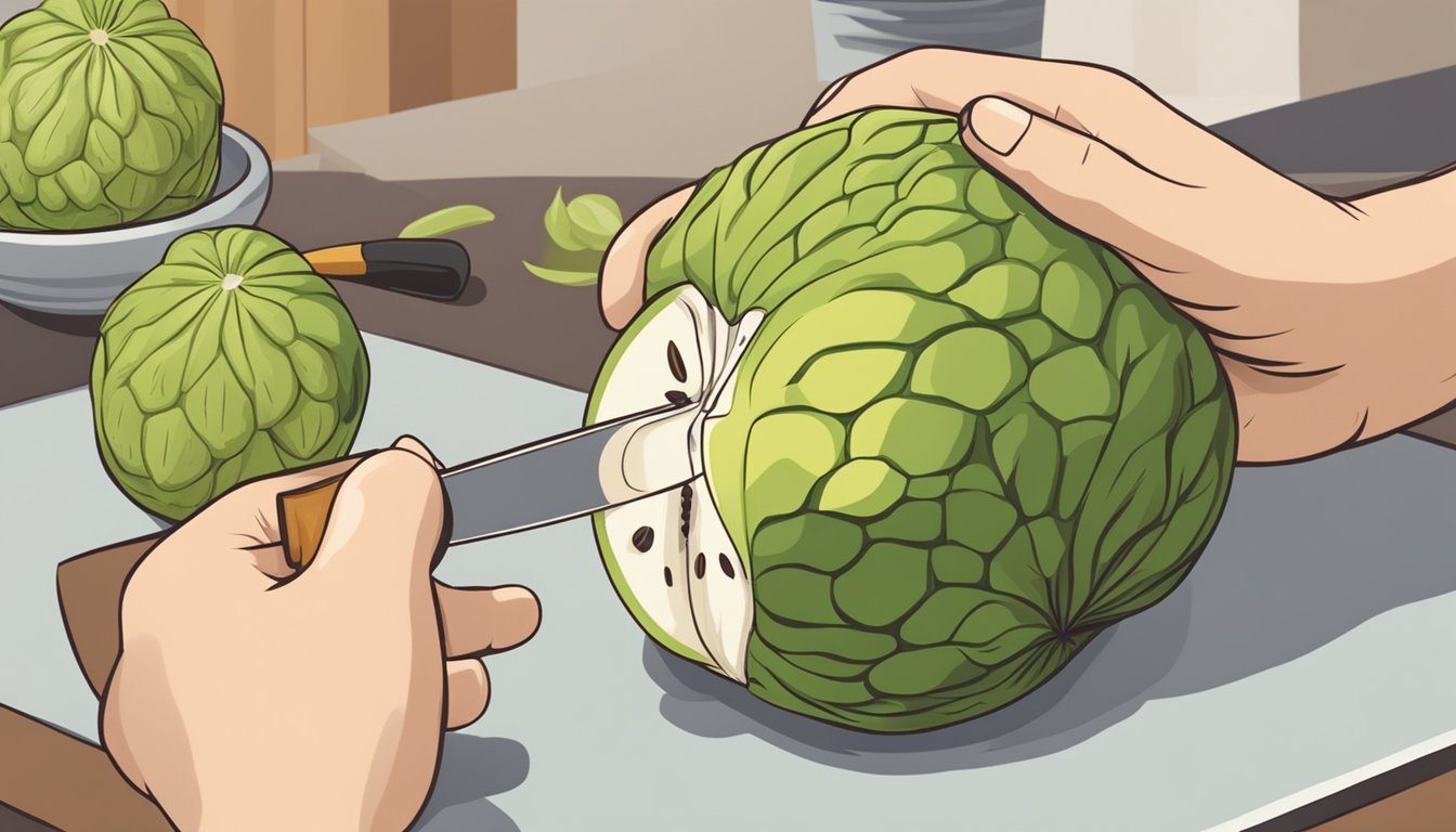 A person cutting open a cherimoya fruit to compare the ripeness of the flesh inside