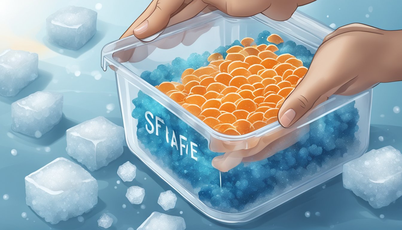 A hand holding a fresh fish roe over an ice-filled container, with a sign indicating safe storage temperature