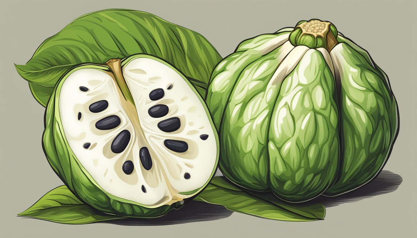 A cherimoya fruit with a green, unripe exterior, cut open to reveal the white, creamy flesh inside