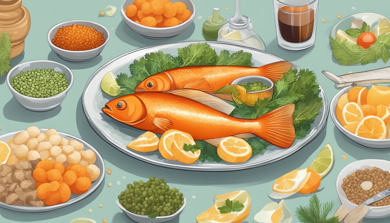 A plate of fish roe with a question mark above it, surrounded by various alternative and substitute food items