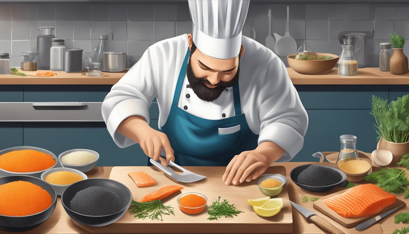 A chef carefully examines a pile of fish roe on a cutting board, surrounded by various kitchen utensils and ingredients