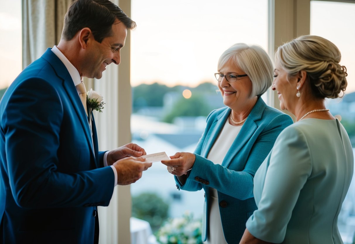 The groom's parents handing over a check to the wedding planner