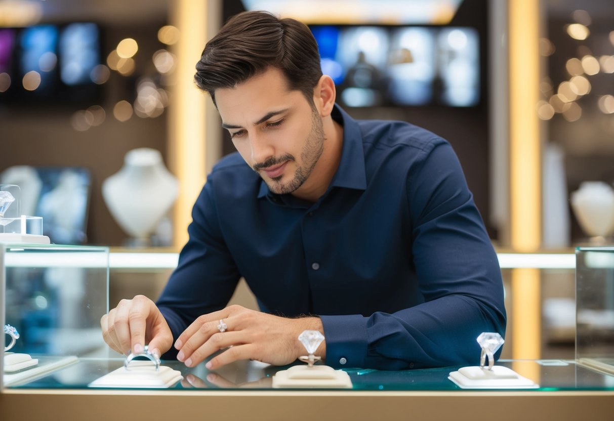 A man carefully selects a sparkling diamond ring from a display case at a jewelry store