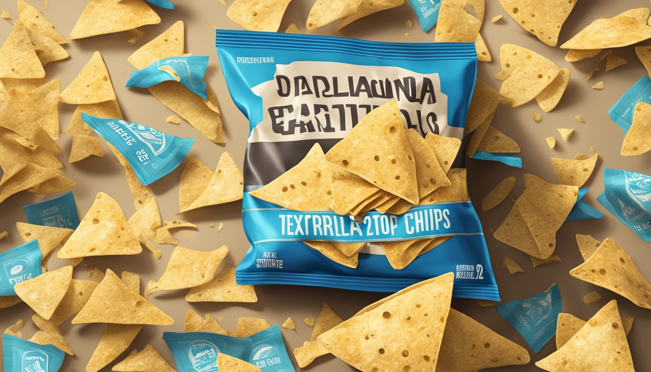 A pile of expired tortilla chips with a prominent expiration date on the packaging, surrounded by caution signs and a warning label