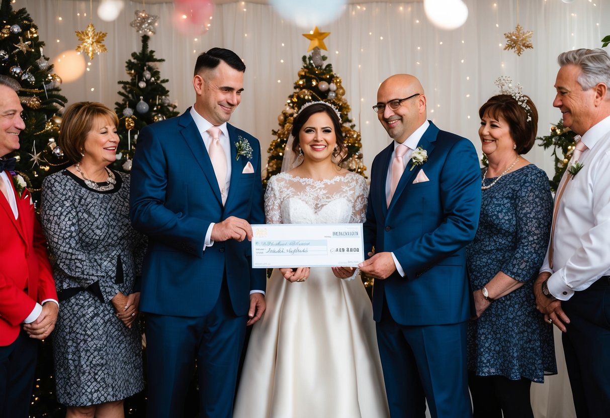 The groom's parents present a check to the couple, surrounded by festive decorations and supportive family members