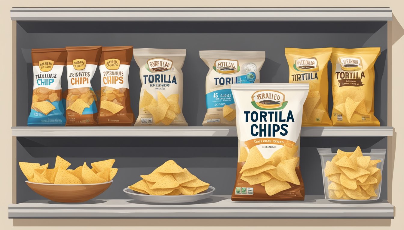 A pantry shelf with a sealed bag of tortilla chips next to a labeled expiration date