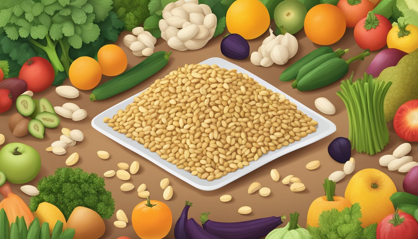 A pile of pine nuts surrounded by a variety of fruits and vegetables, with a nutrition label and a question mark hovering above