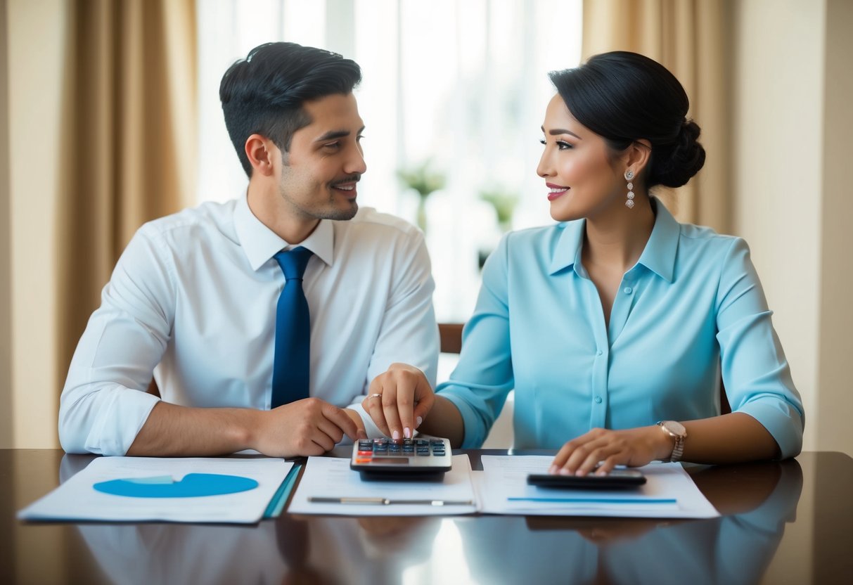 A couple sitting at a table with financial documents and a calculator, discussing wedding expenses