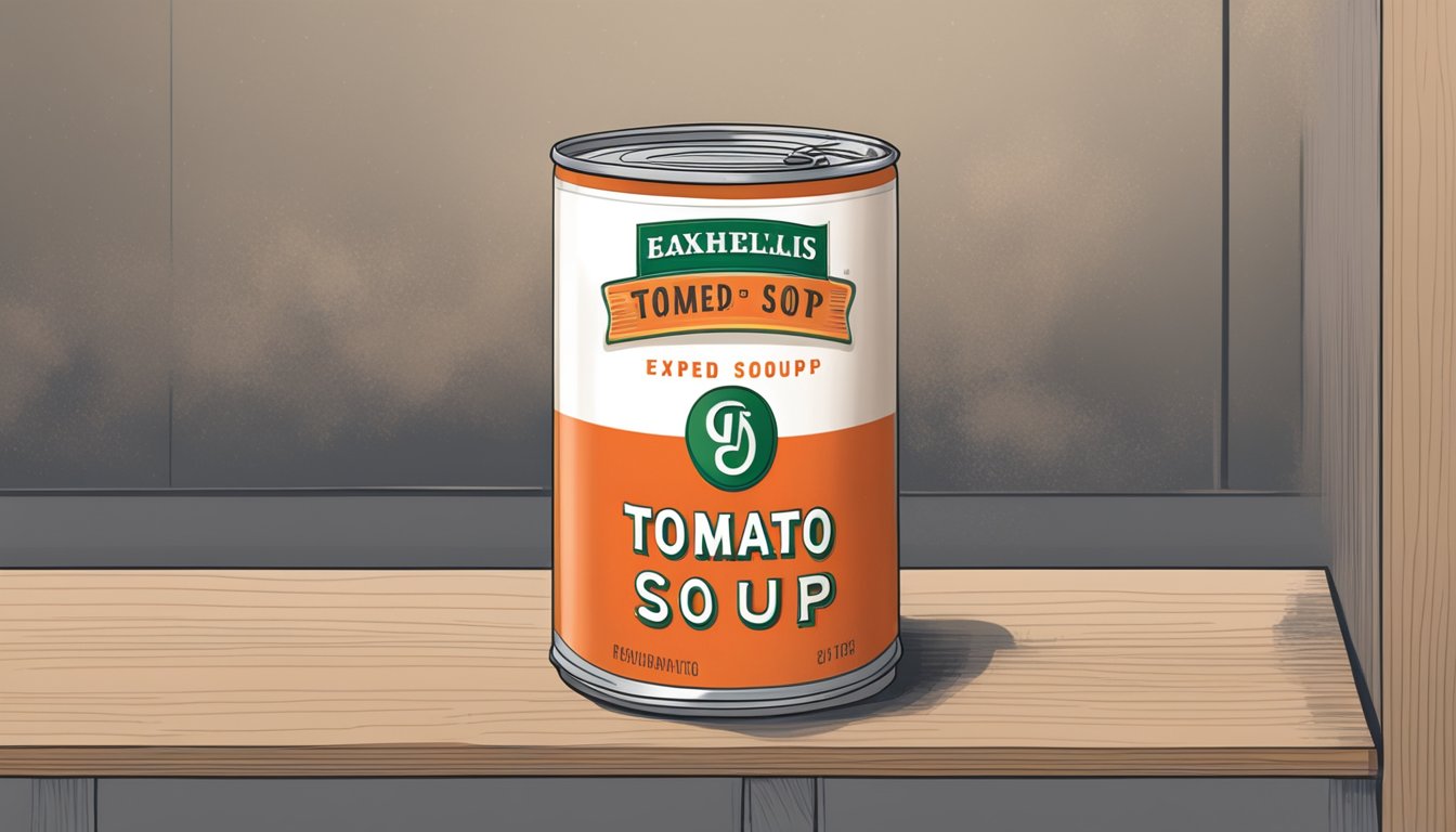 A can of expired tomato soup sits on a dusty pantry shelf, with a faded label and dented edges