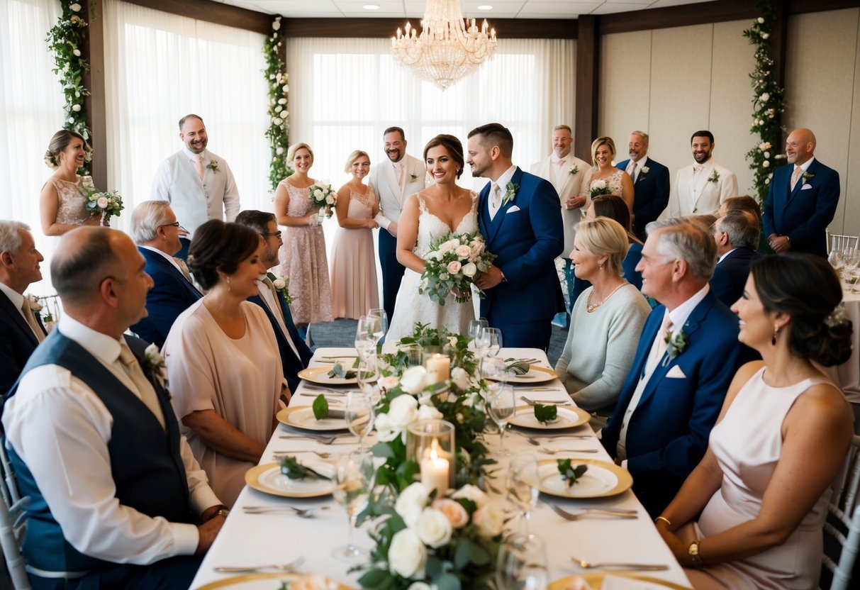 A couple and their families gather in a decorated venue for a wedding rehearsal, followed by a relaxed and celebratory dinner to honor the upcoming nuptials