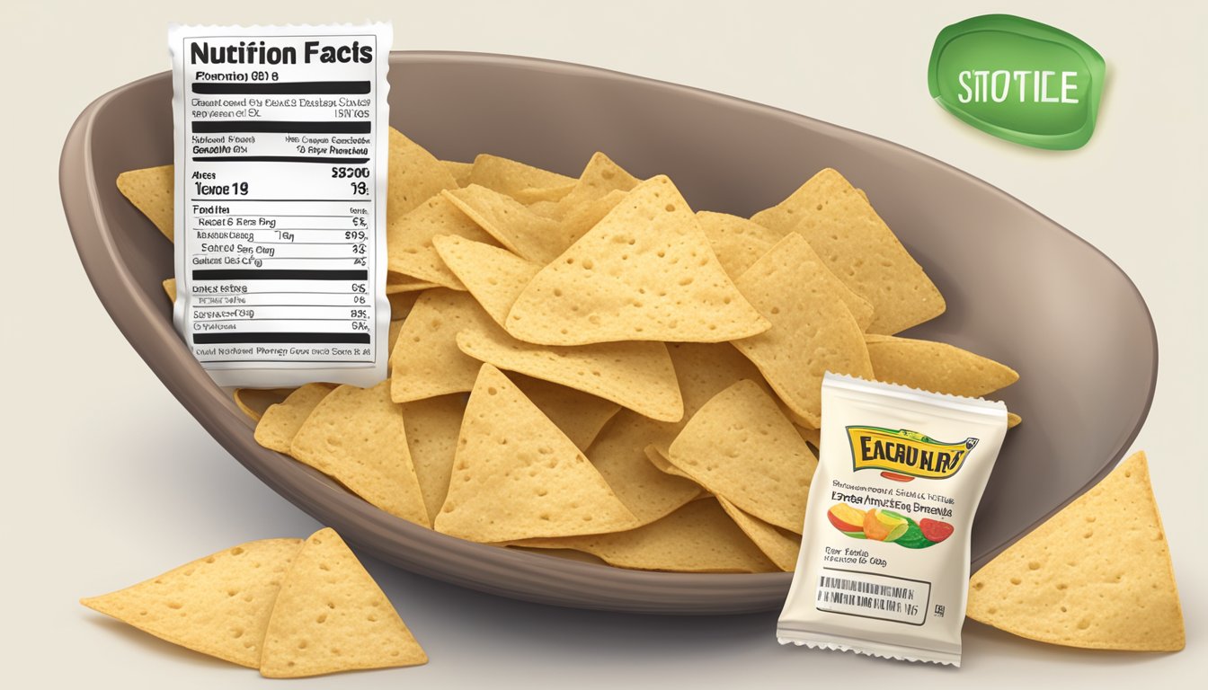 A bowl of expired tortilla chips sits next to a nutrition label