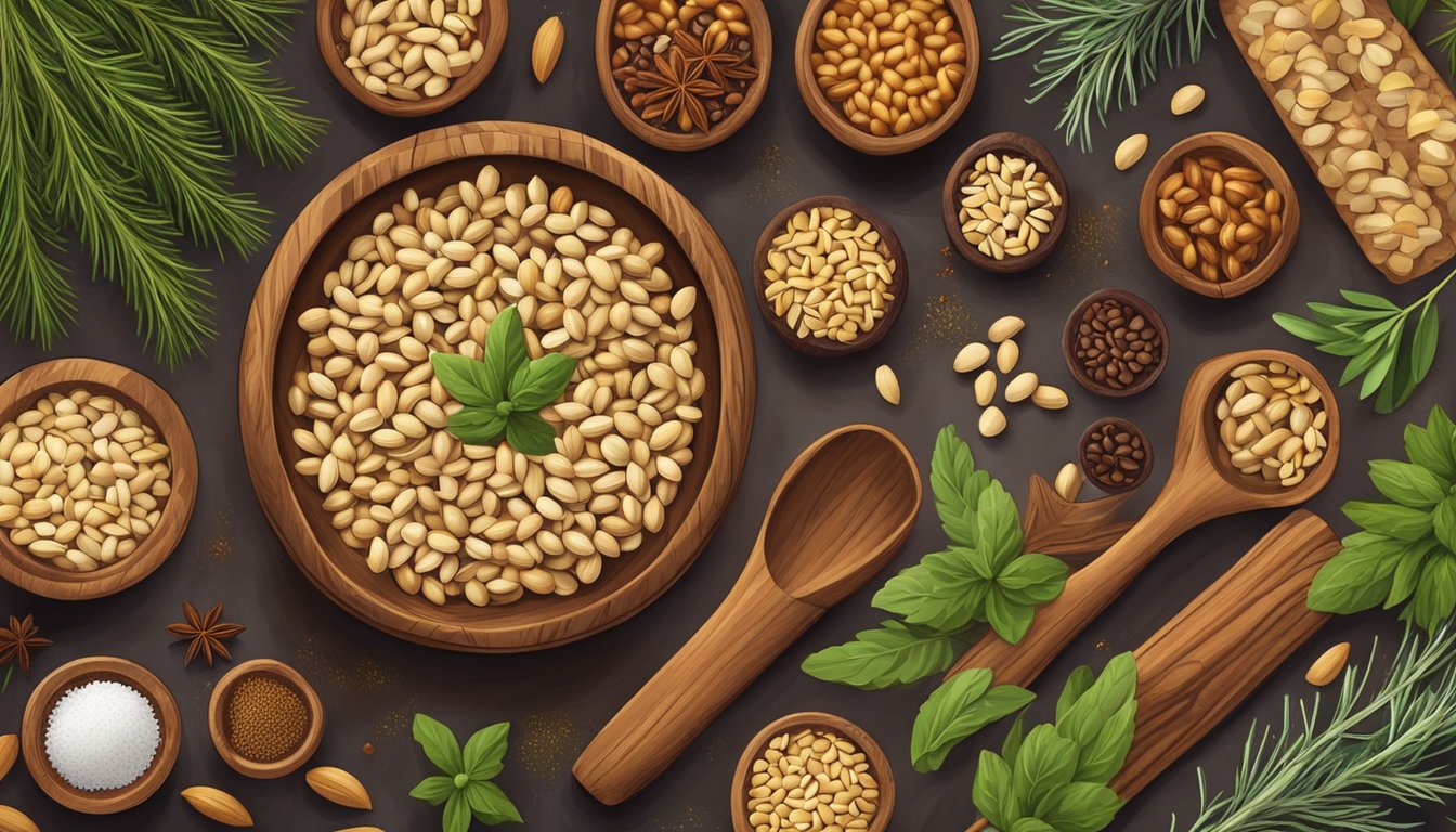 A wooden bowl filled with pine nuts surrounded by various herbs and spices on a kitchen countertop