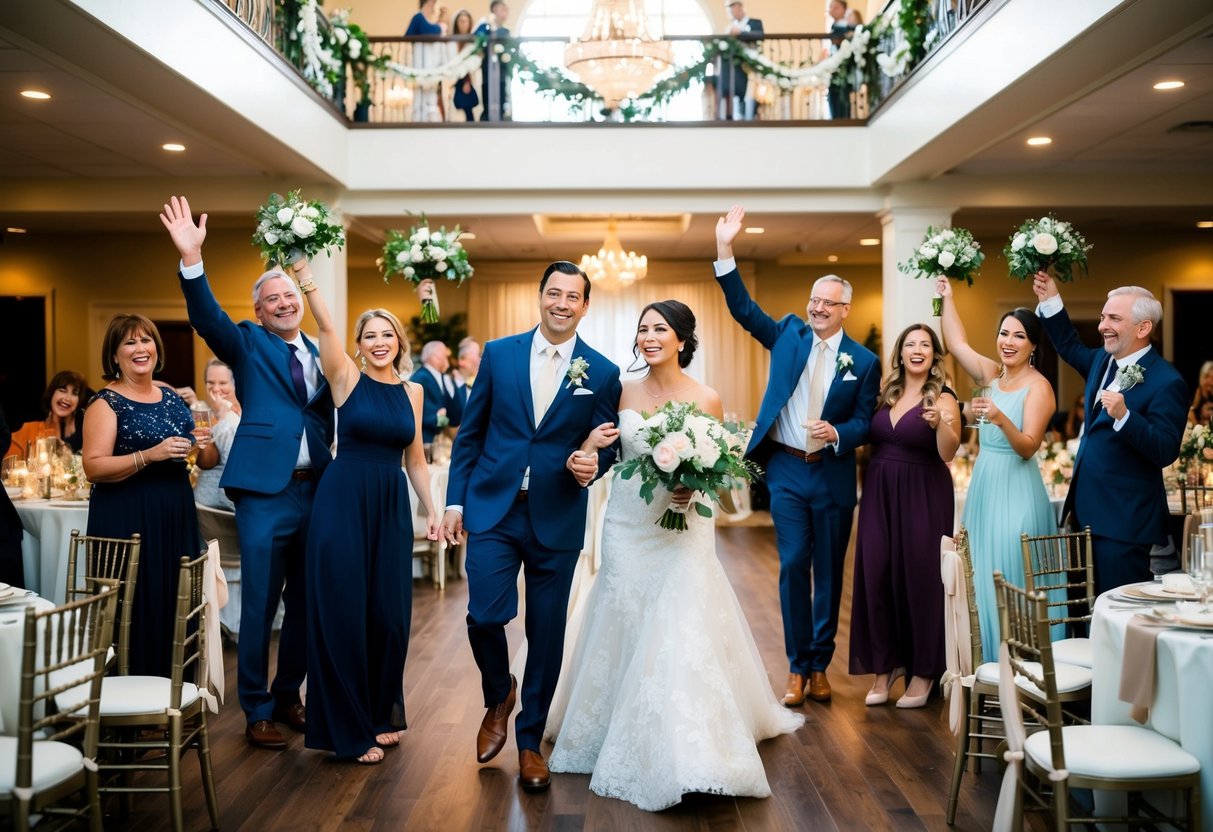 A joyful wedding rehearsal with family and friends, followed by a festive rehearsal dinner in a beautifully decorated venue