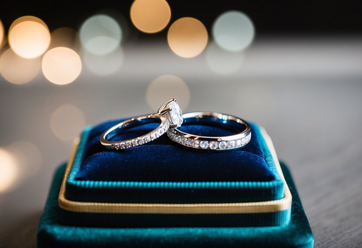 A sparkling engagement ring and matching wedding band displayed on a velvet cushion